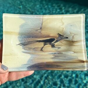 Fused glass plate with road runner - 7x4.75x.75 inches - handmade
